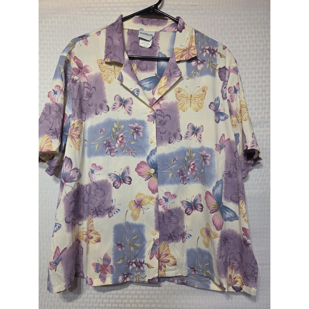 BonWorth L Petite Button Front Blouse Butterfly‎ Floral Print Purple Blue Yellow